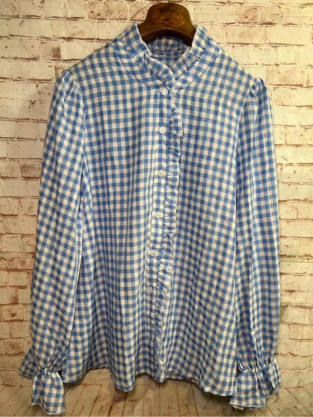 Blue White Gingham Ruffle Blouse Puff Sleeve Button Front Preppy Cottagecore Top - Picture 3 of 7